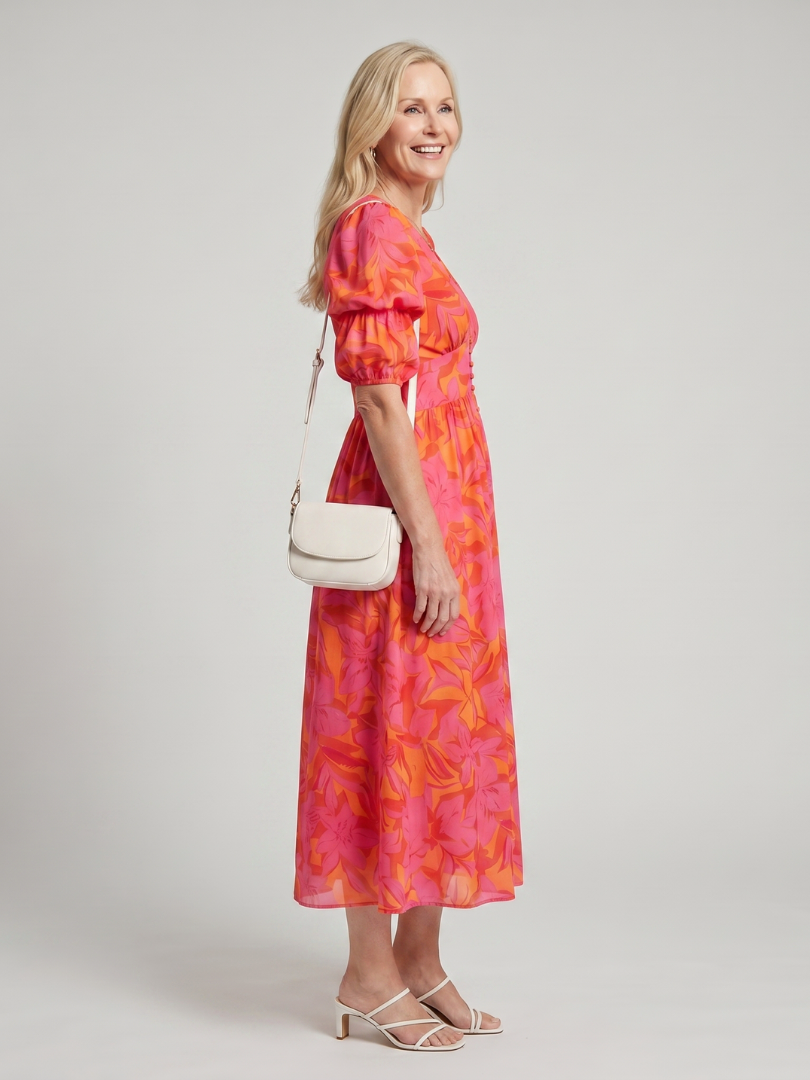Patricie | Midi šaty s nabíranými rukávy, výstřihem do V a výrazným květinovým vzorem