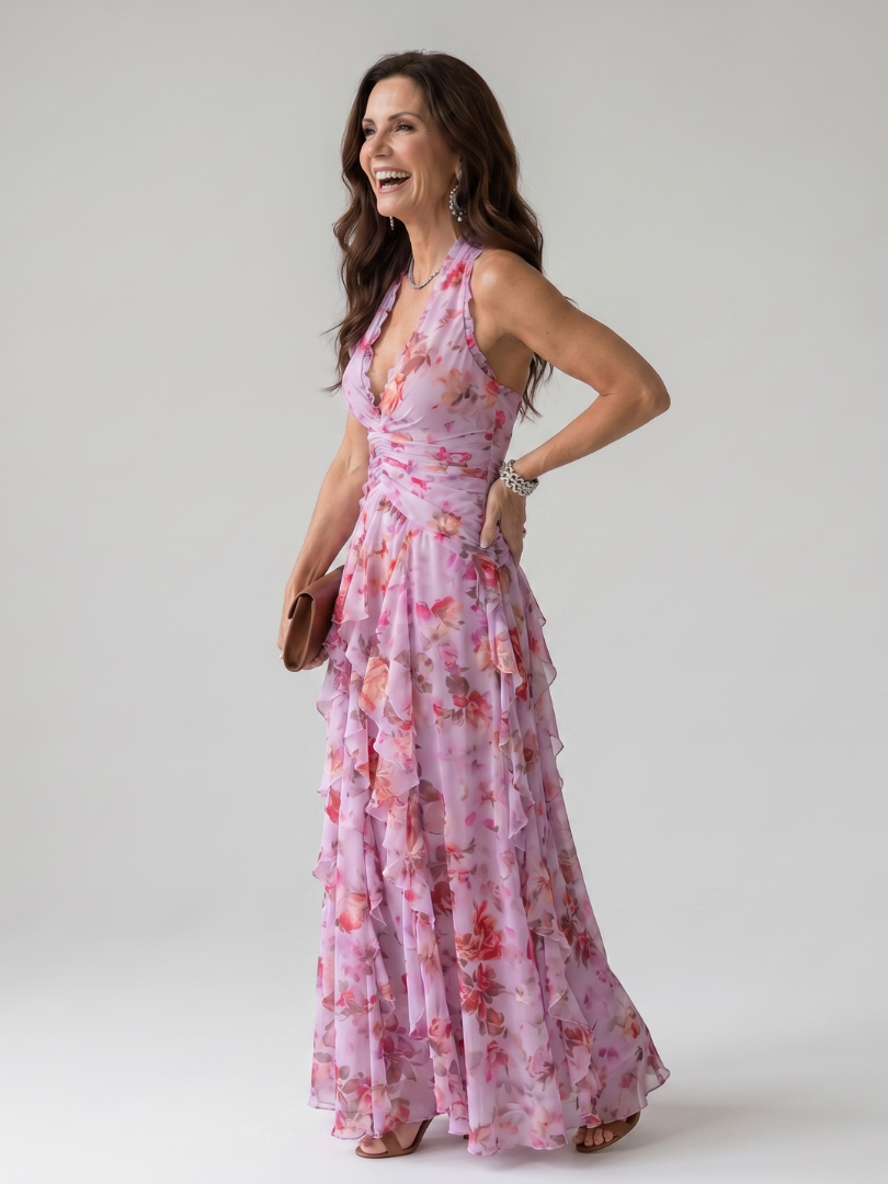 Zuzana | Květované maxi šaty s halterkou a nařaseným živůtkem