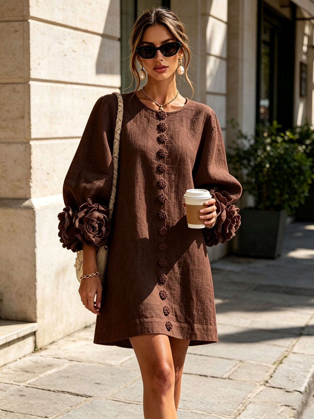 Bruna | Mini Šaty z Lněné Směsi s Růžovými Manžetami, Hnědá Čokoláda