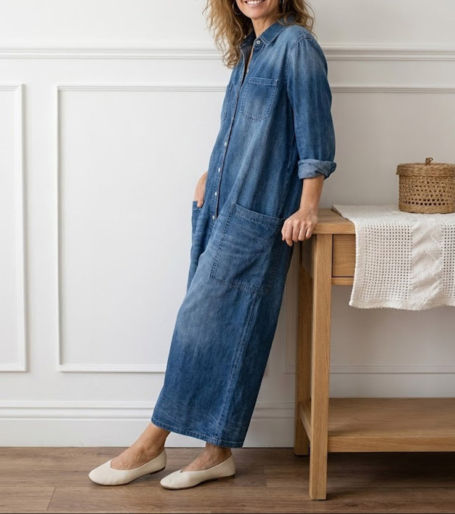 Diana | Vintage overal z měkké prané denimové bavlny s knoflíky